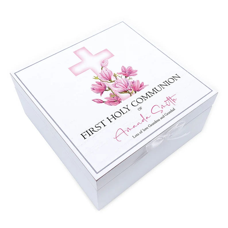 ukgiftstoreonline Personalised Communion Vintage Wooden Box With Pink Cross