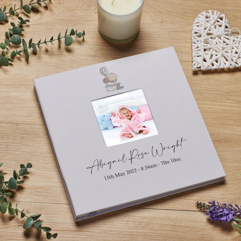 Personalised Cute Baby Photo Album Hard Linen Cover With Hand Drawn Elements