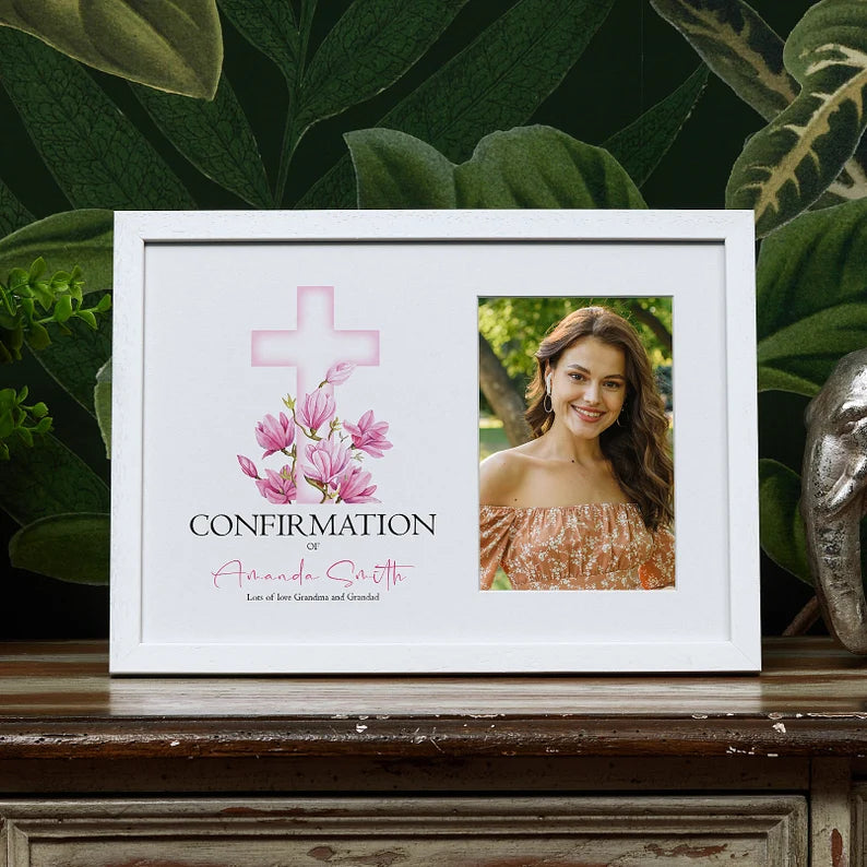 Personalised Confirmation White Photo Frame With Pink Cross 6"x4"