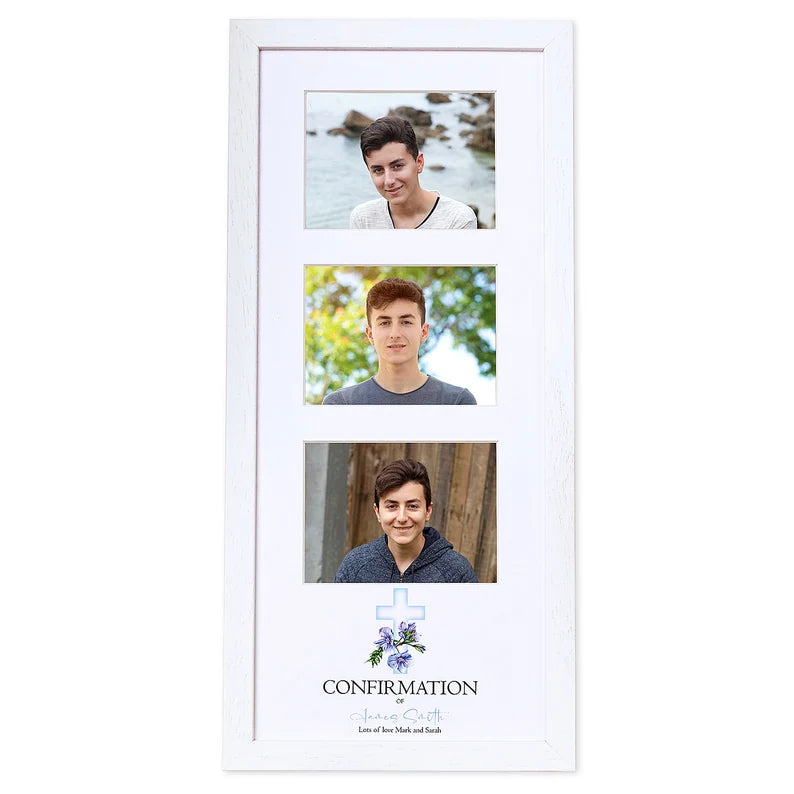 Personalised Confirmation Day Triple Photo Frame With Blue Cross