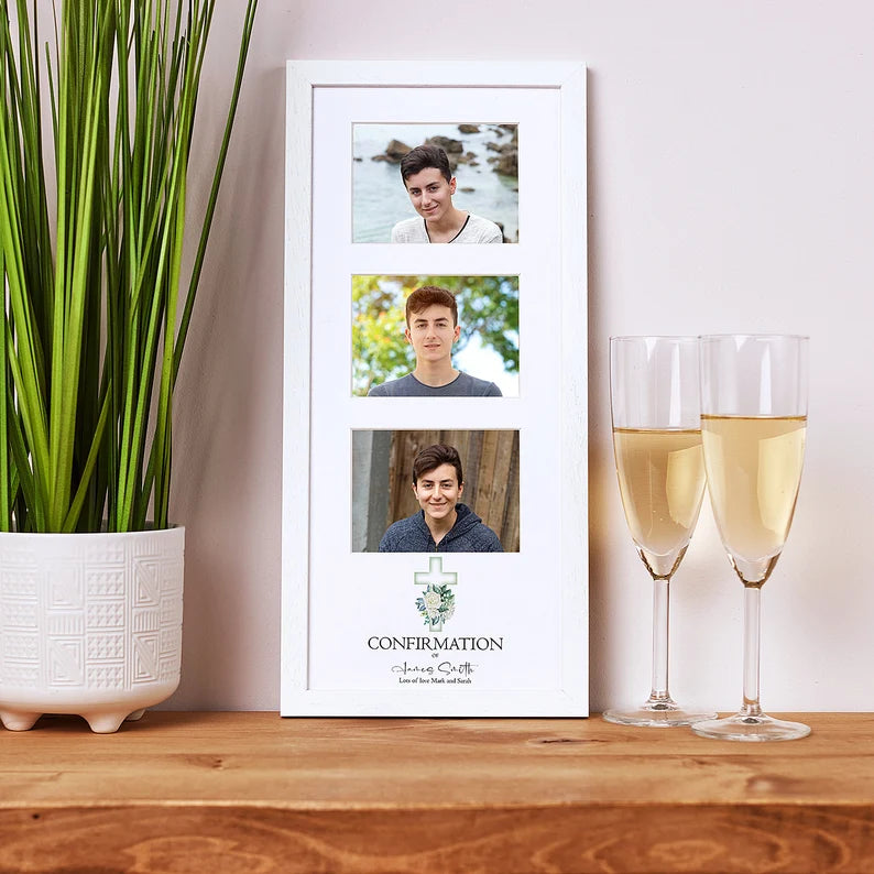 Personalised Confirmation Day Triple Photo Frame With Green Cross