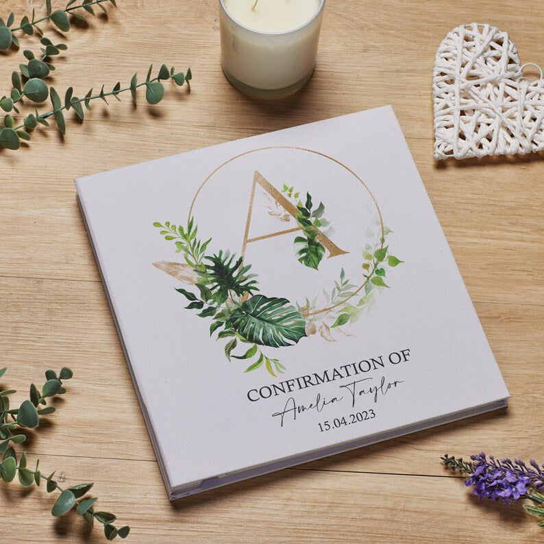 Personalised Confirmation Large Linen Cover Photo Album With Leaf Design