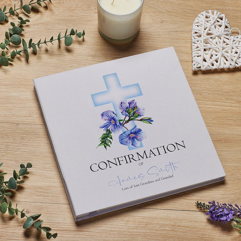 Personalised Confirmation Large Linen Cover Photo Album With Blue Cross