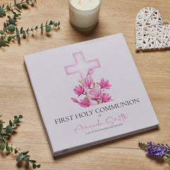 Personalised Communion Large Linen Cover Photo Album With Pink Cross