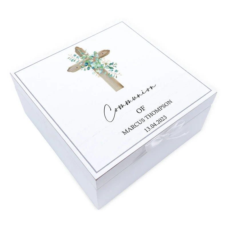 ukgiftstoreonline Personalised Communion Vintage Wooden Box With Wood Cross