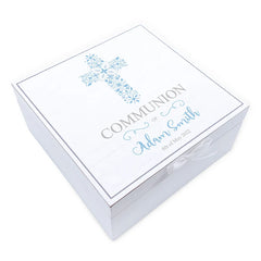 ukgiftstoreonline Personalised Communion Day Vintage Wooden Box Gift With Blue Cross