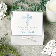 ukgiftstoreonline Personalised Communion Day Vintage Wooden Box Gift With Blue Cross