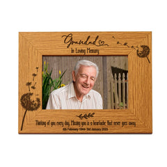 Grandad Remembrance Photo Frame Personalised Landscape With Dandelions