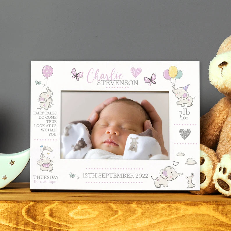 Personalised Baby Girl Photo Frame With Birth Details and Cute Elephant