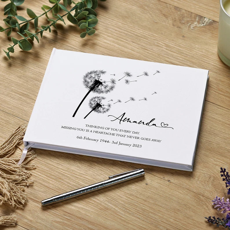 Personalised Funeral Memorial Remembrance Guestbook 80 Lined Pages With Dandelions