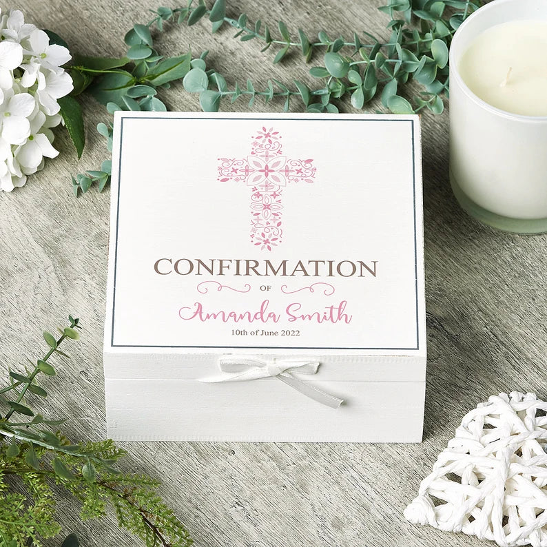 ukgiftstoreonline Personalised Confirmation Day Vintage Wooden Box Gift With Pink Cross