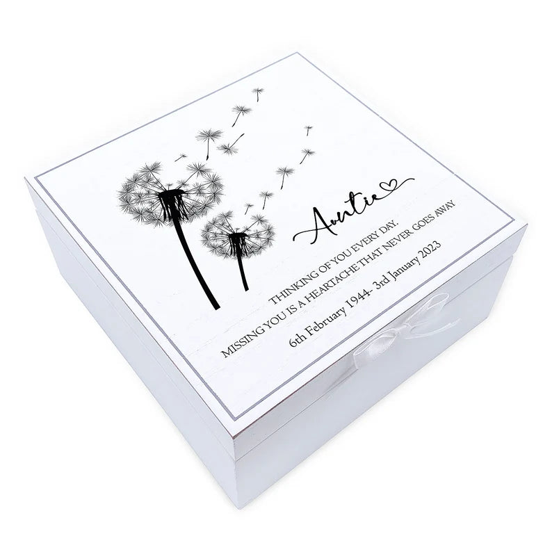 ukgiftstoreonline Personalised Auntie Memorial Remembrance Vintage Wooden Keepsake Box With Dandelions