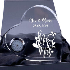 ukgiftstoreonline Engraved Heart Crystal Glass Clock Mr and Mrs Wedding Gift - ukgiftstoreonline